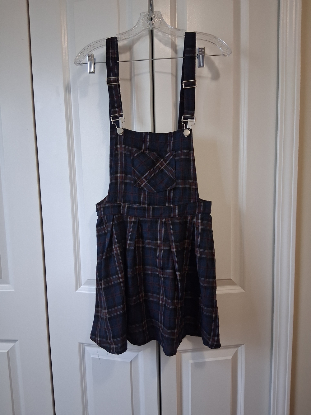 Allegra K Navy and Brown Plaid Skater Pinafore Skirt with Straps